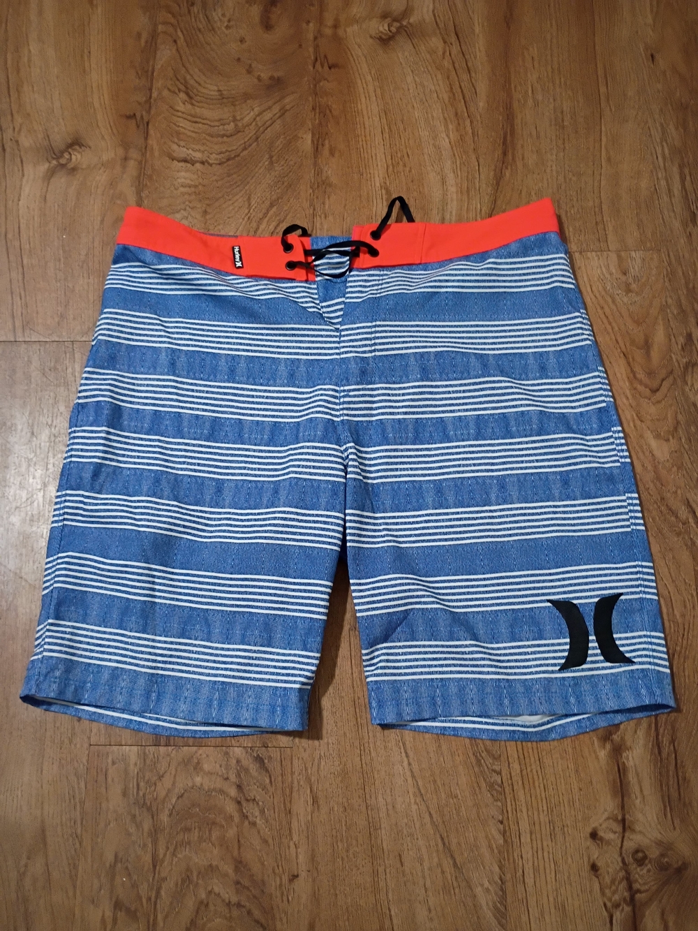 Hurley Blue and White Striped Swim Board Shorts with Coral Waistband